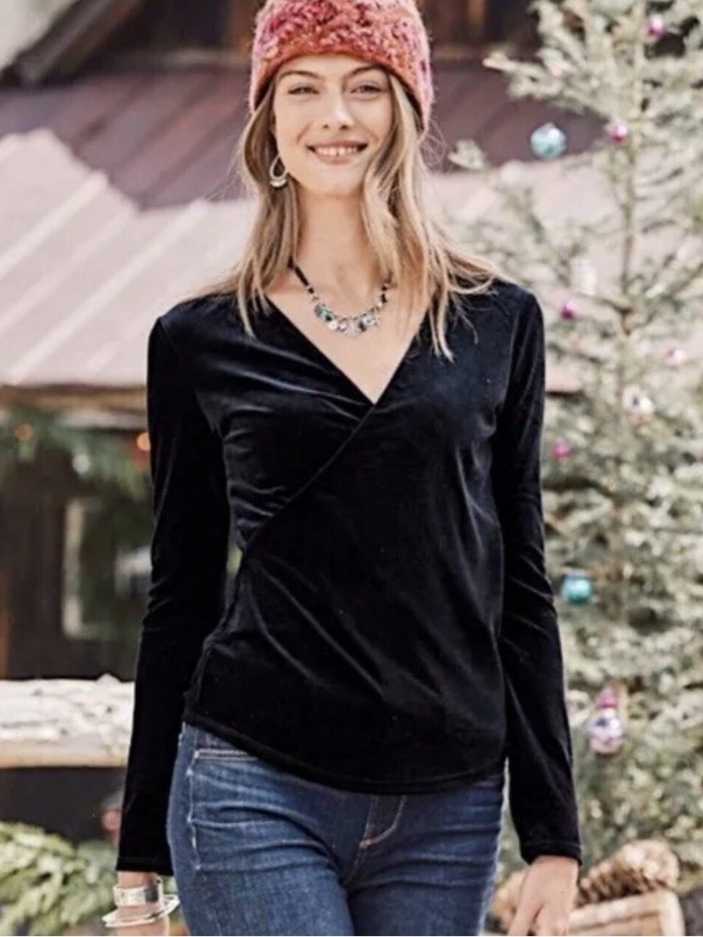 Sundance Black Velvet V Neck Faux Wrap Long Sleeve Top